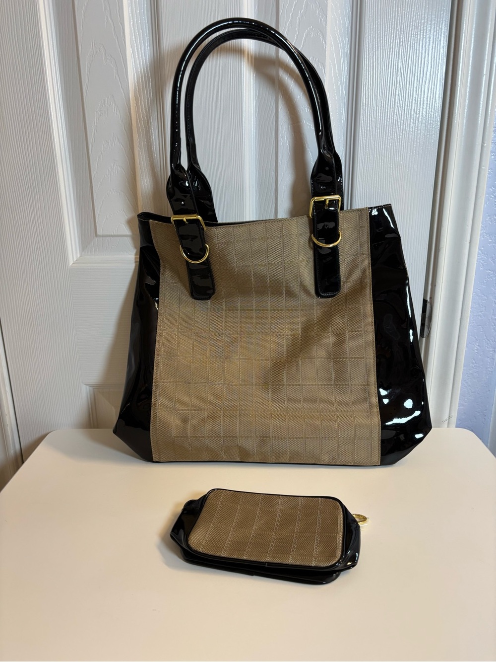 Estee Lauder Beige Canvas Tote with Black Patent Trim